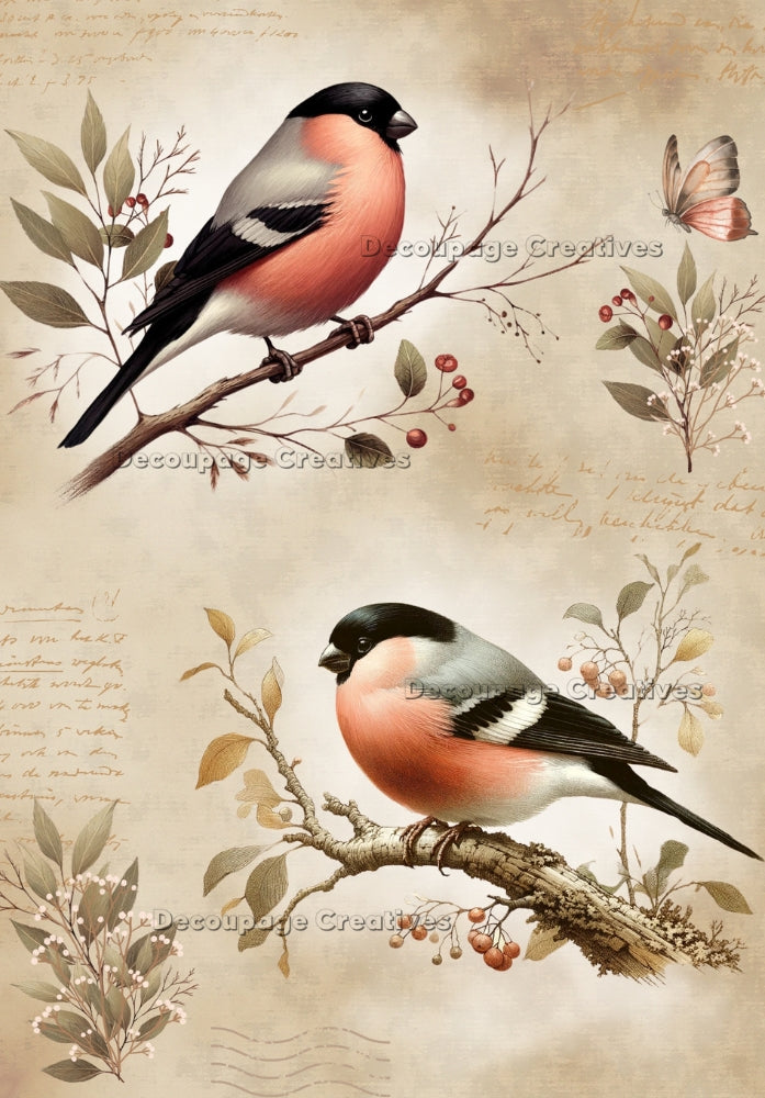 2 rosy bullfinches on branches Decoupage Creatives Rice Paper