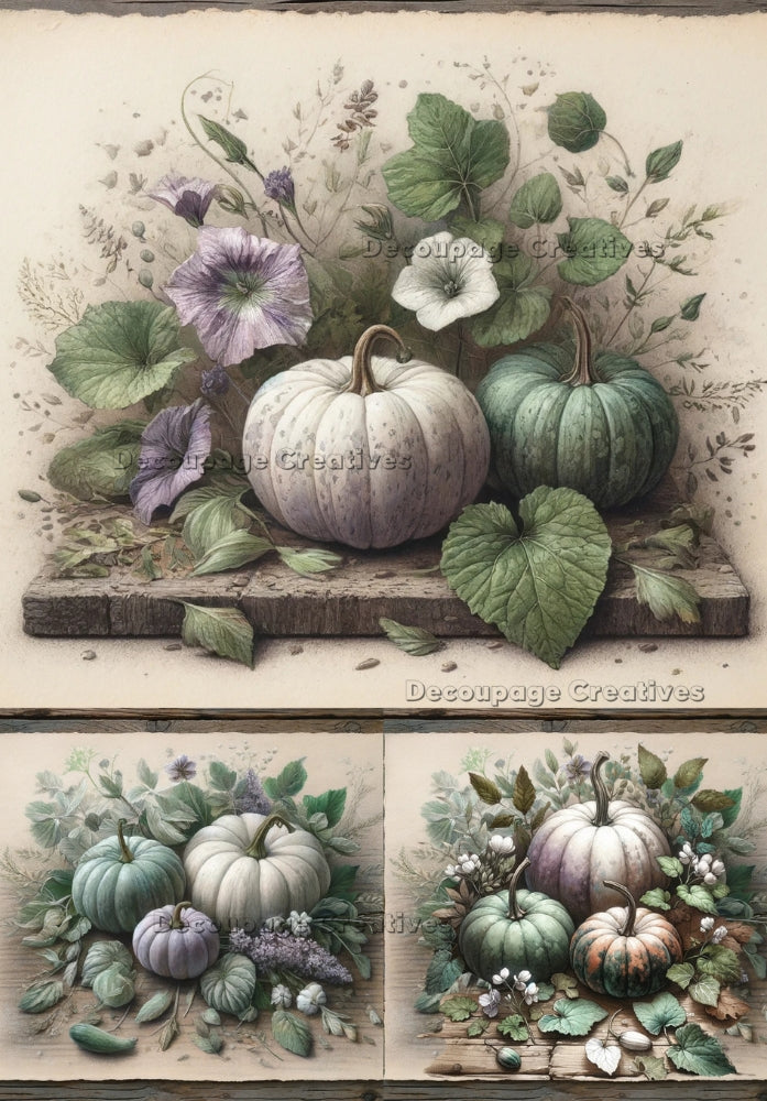 white and green pumpkins with vines Decoupage Creatives Rice Paper