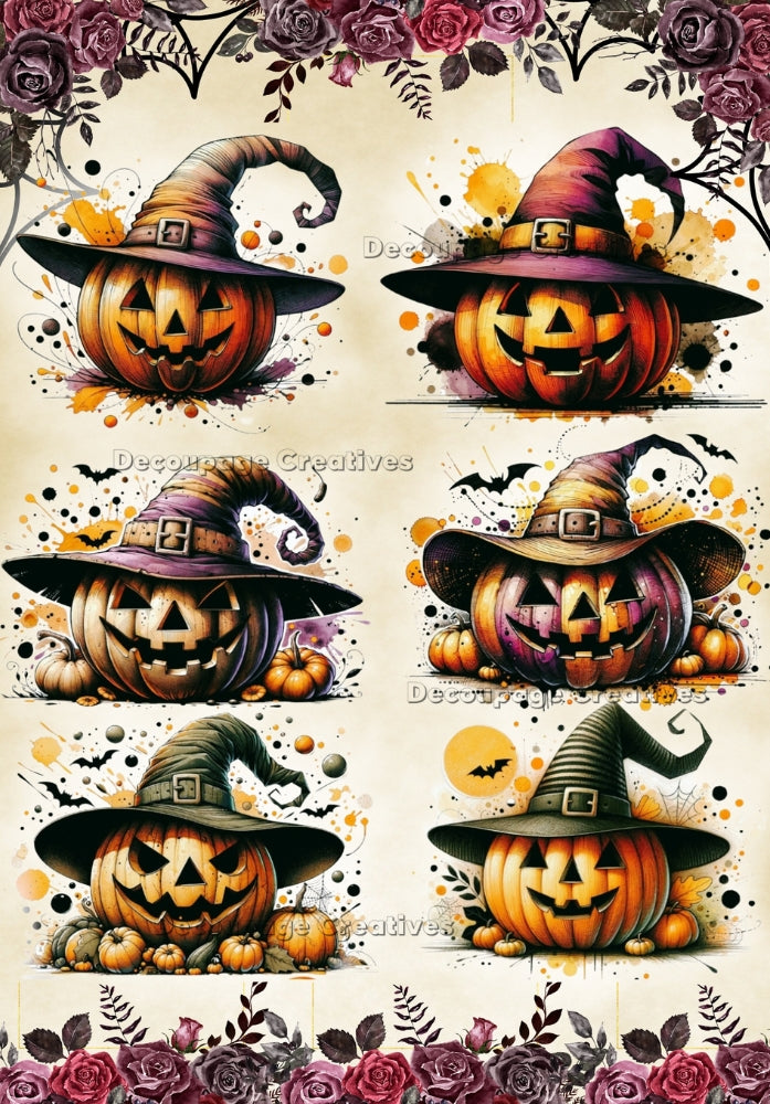 jack o lanterns with witches hats Decoupage Creatives Rice Paper