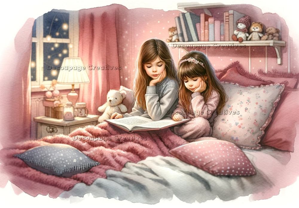 two young giirls reading books in a pink bedroom at night Decoupage Creatives Rice Paper