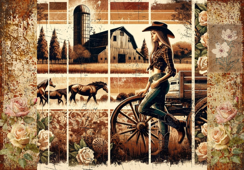 Young Cow Girl with wood cart on a farm and brown horses Decoupage Creatives Rice Paper