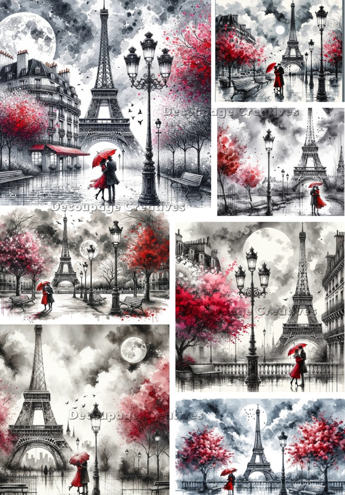 scenes in Paris with full moon and red trees and the Eiffel Tower Decoupage Creatives Rice Paper 