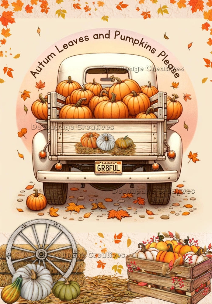 white truck wiht yellow pumpkins with Gr8ful on the license plate in fall leaves Decoupage Creatives Rice Paper