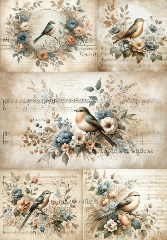 Blue and brown song birds on vintage flowers  on a background of music parchment  Decoupage Creatives Rice Paper