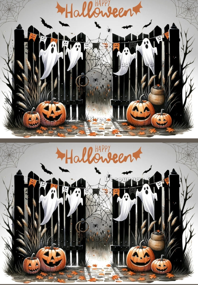 black gate with white sheet ghosts and jack o lanterns and happy halloween  Decoupage Creatives Rice Paper