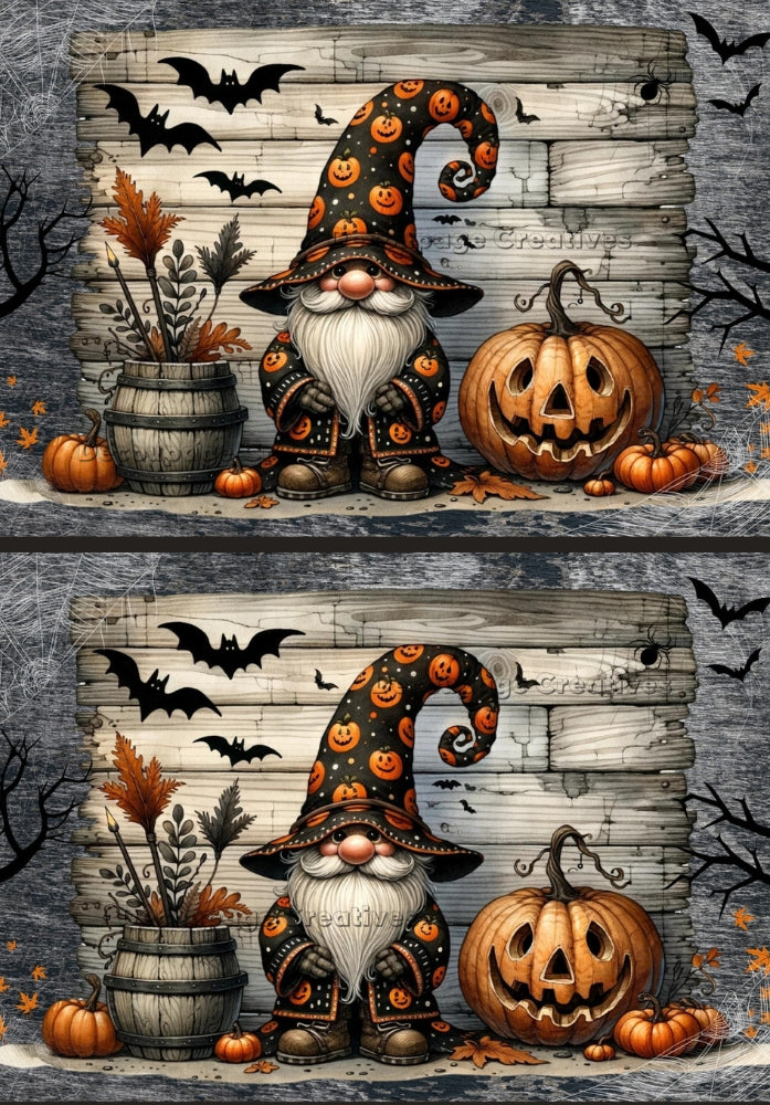 a fall gnome dressed black suit with orange pumpkins with a big orange jackolantern and bats Decoupage Creatives Rice Paper