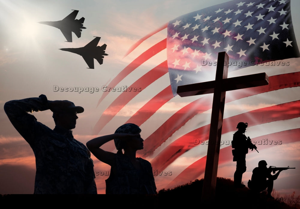 Military soldiers saluting a cross. Soldier silhouettes on the background of a USA flag with fighter jets overhead. Decoupage Creatives Rice Paper