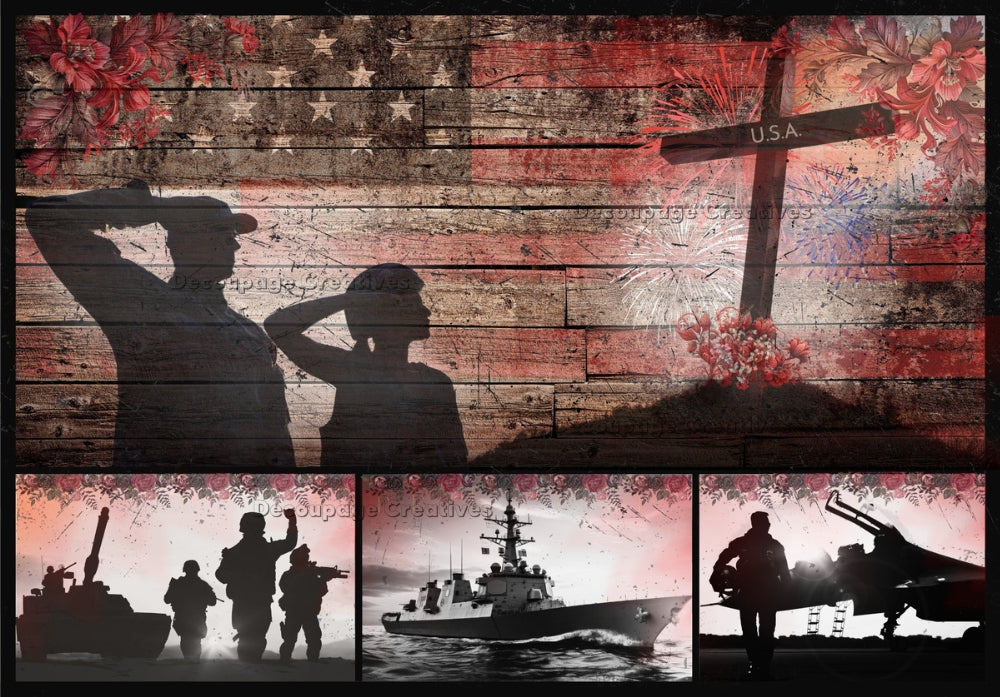 military soldiers saluting  a cross with USA on it.  military scenes on the background of a USA flag Decoupage Creatives Rice Paper