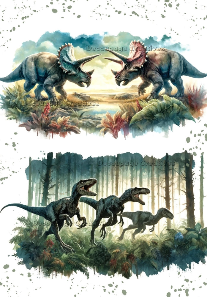 green and blue dinosaurs, raptors and triceratops Decoupage Creatives