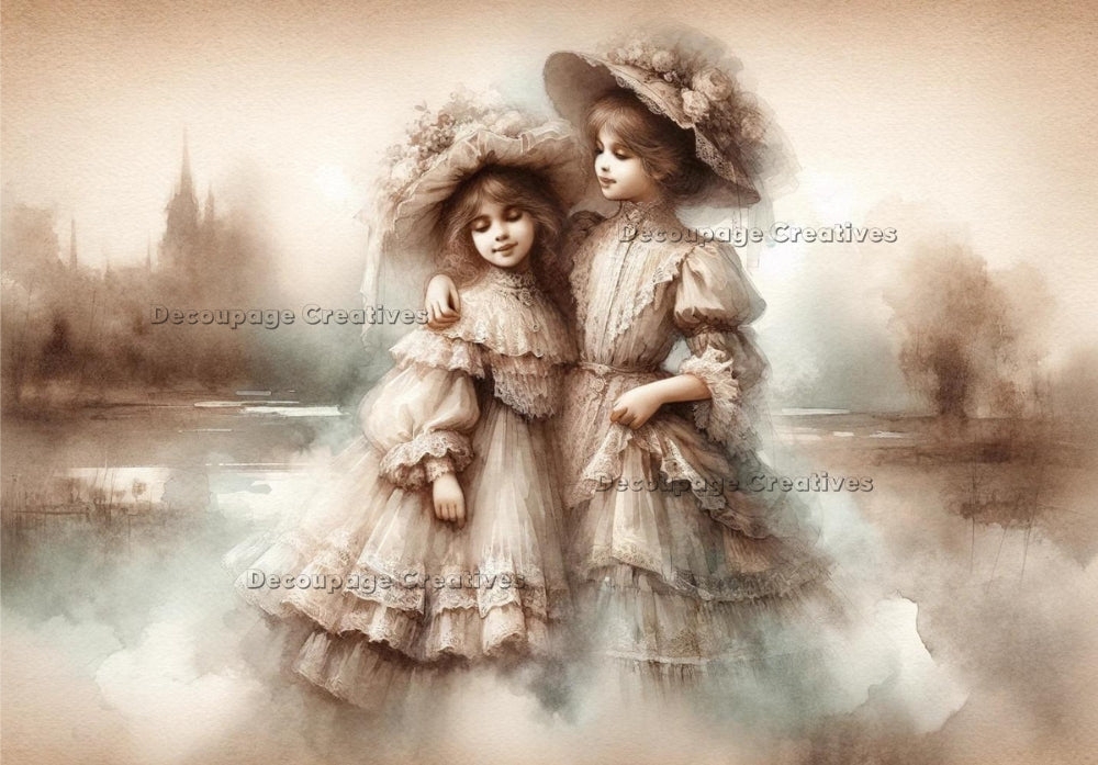 vintage sisters in victorian dresses and hats with bows Decoupage Creatives