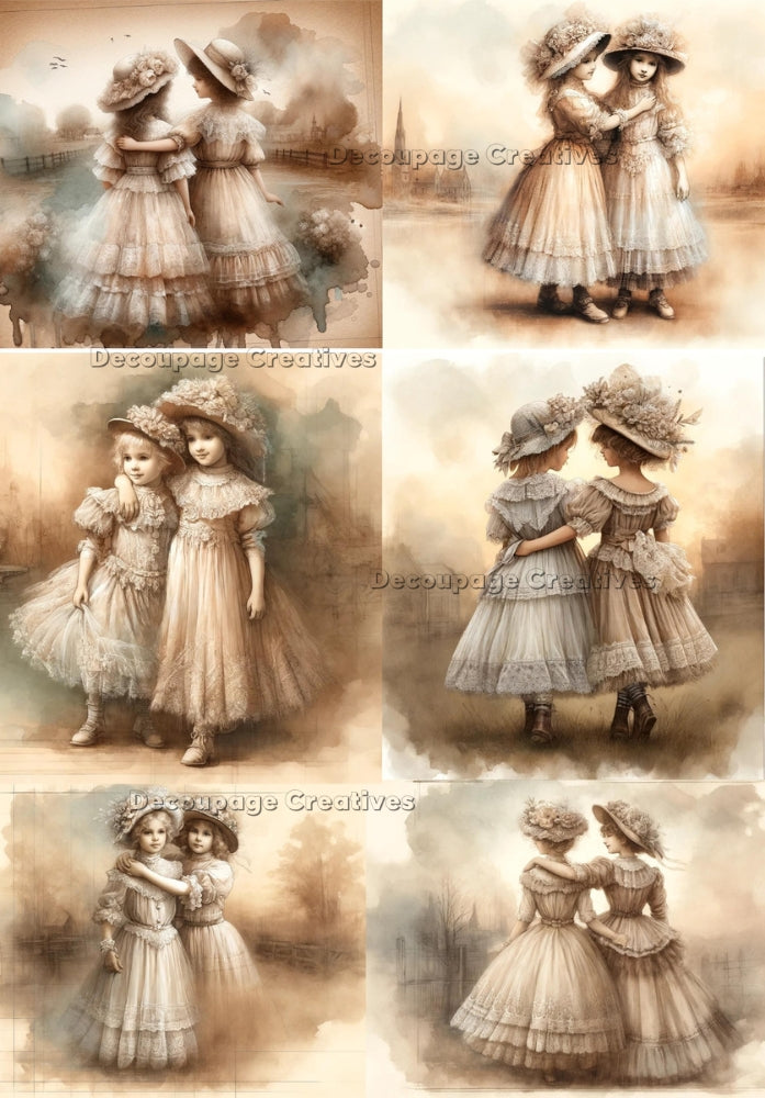 young girls in vintage dresses and hats in sepia Decoupage Creatives