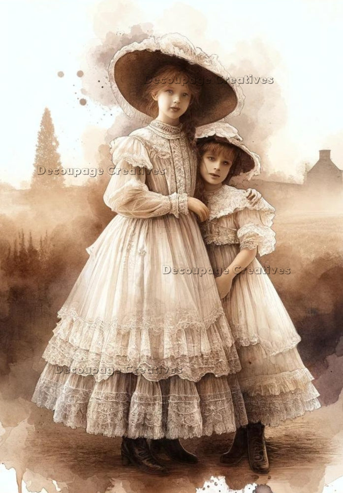 young victorian girls in dresses and hat on sepia Decoupage Creatives