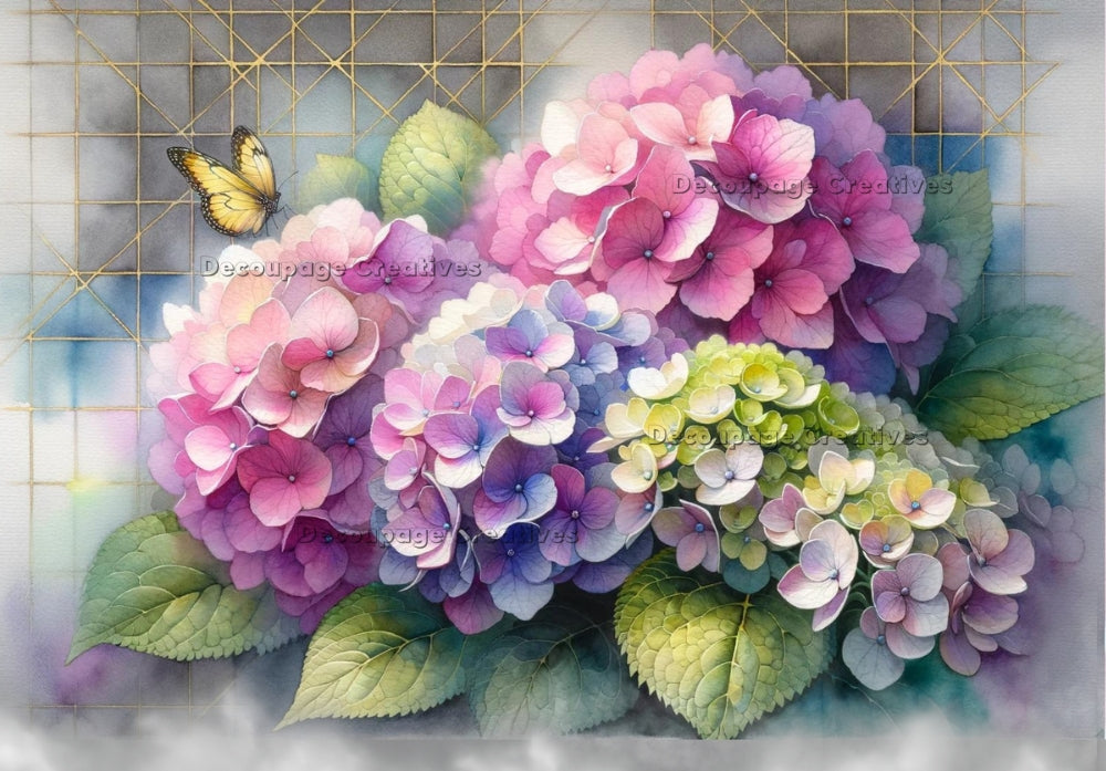 pink purple and green hydrangea with yellow butterfly Decoupage Creatives