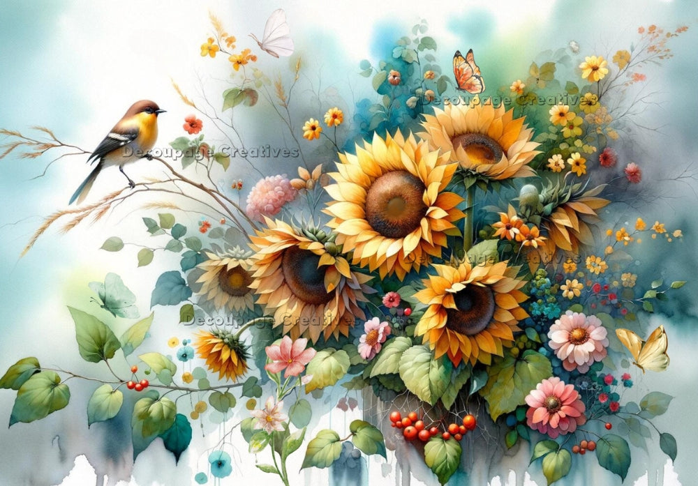 yellow sunflowers with birds and butterflies Decoupage Creatives