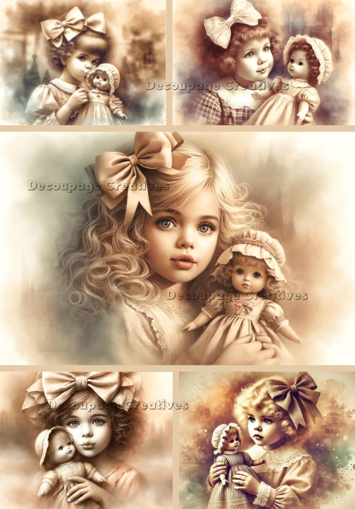 little girls with baby dolls on sepia Decoupage Creatives