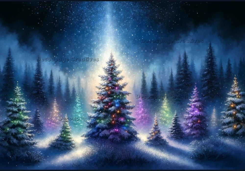 magical christmas trees in the forest at night with bright  glowing ligtht Decoupage Creatives