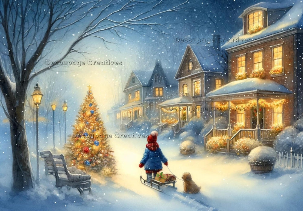 little child in blue coat and red scarf hat pulling wagon in the snow with gold christmas tree and lit houses Decoupage Creatives