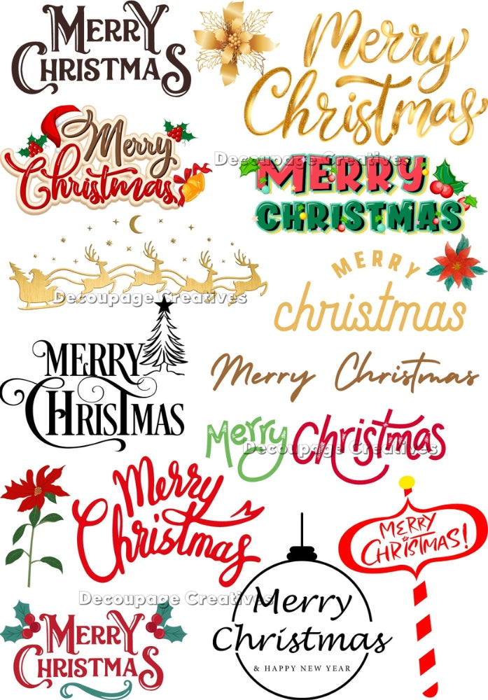 Merry Christmas sentiments in red green and gold Decoupage Creatives