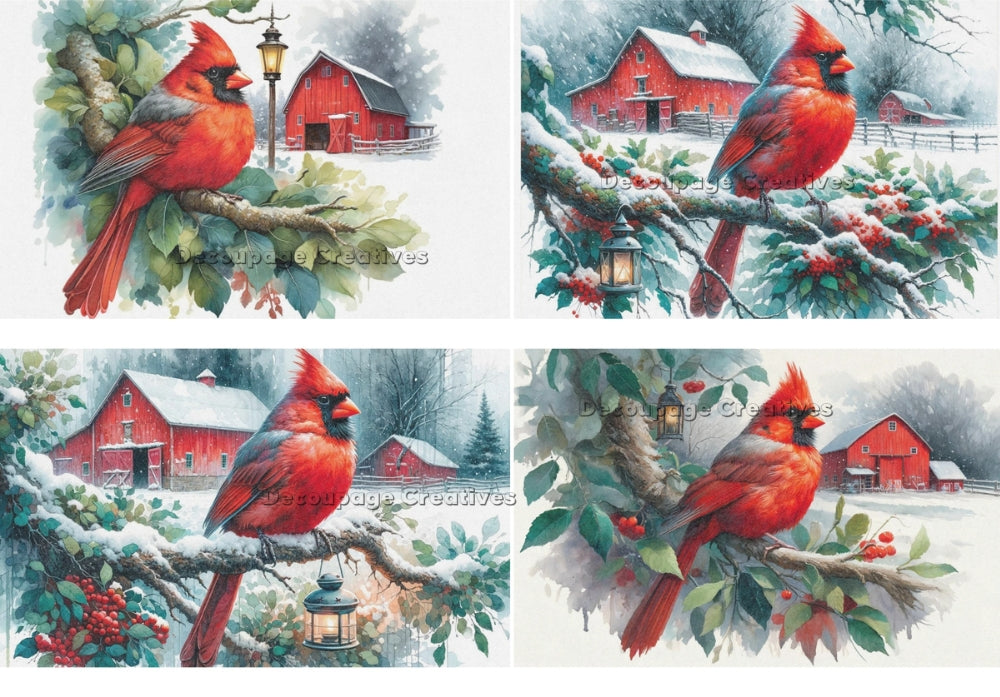 red cardinal on pine branch and red barn Decoupage Creatives