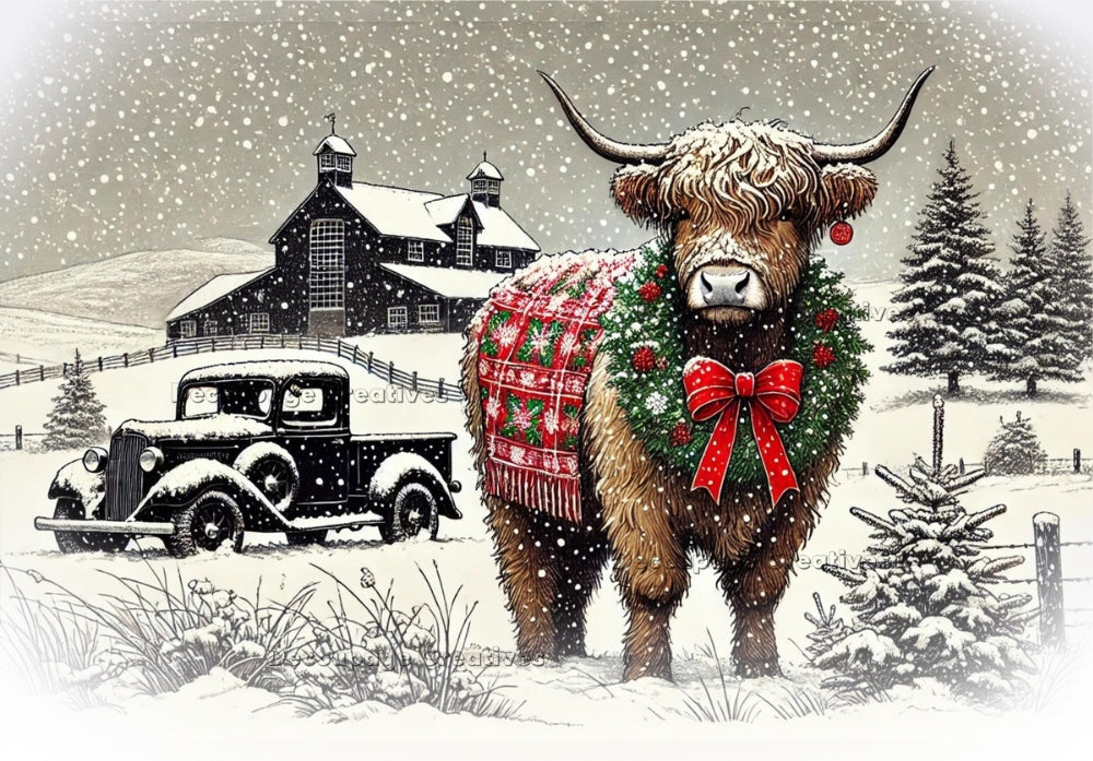 Highland cow in wreath and christmas blanket in snow with black truck Decoupage Creatives