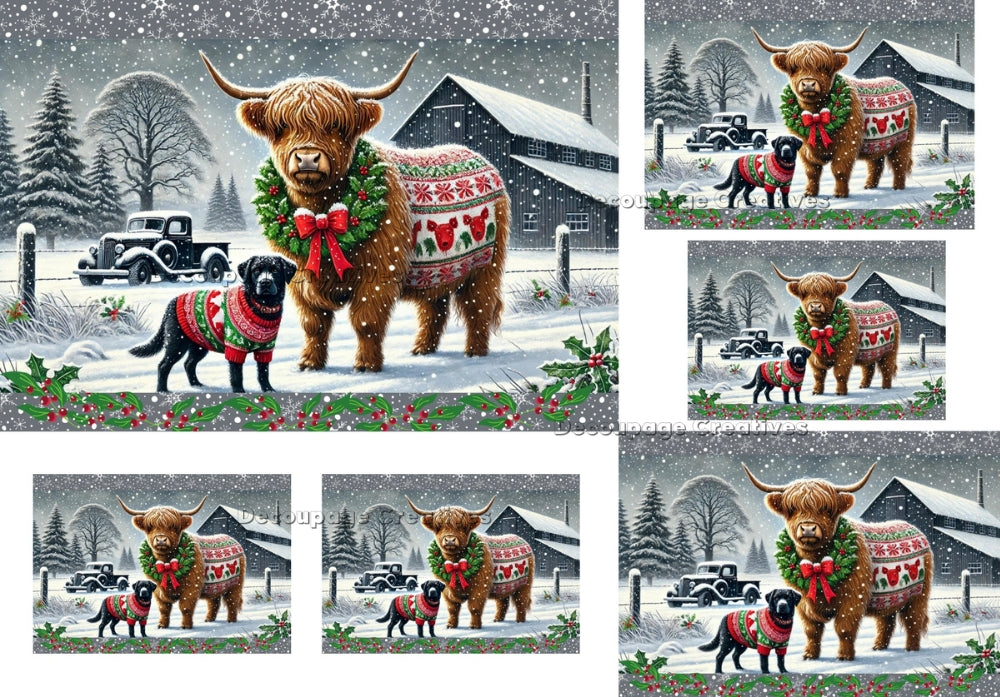 Highland cow with black Labrador in snow in christmas sweaters Decoupage Creatives