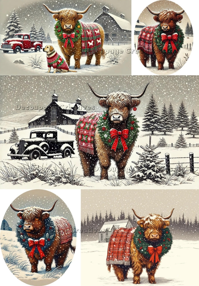 highland cows with wreaths in snow Decoupage Creatives