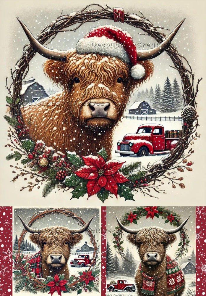 highland cow in christmas wreaths Decoupage Creatives