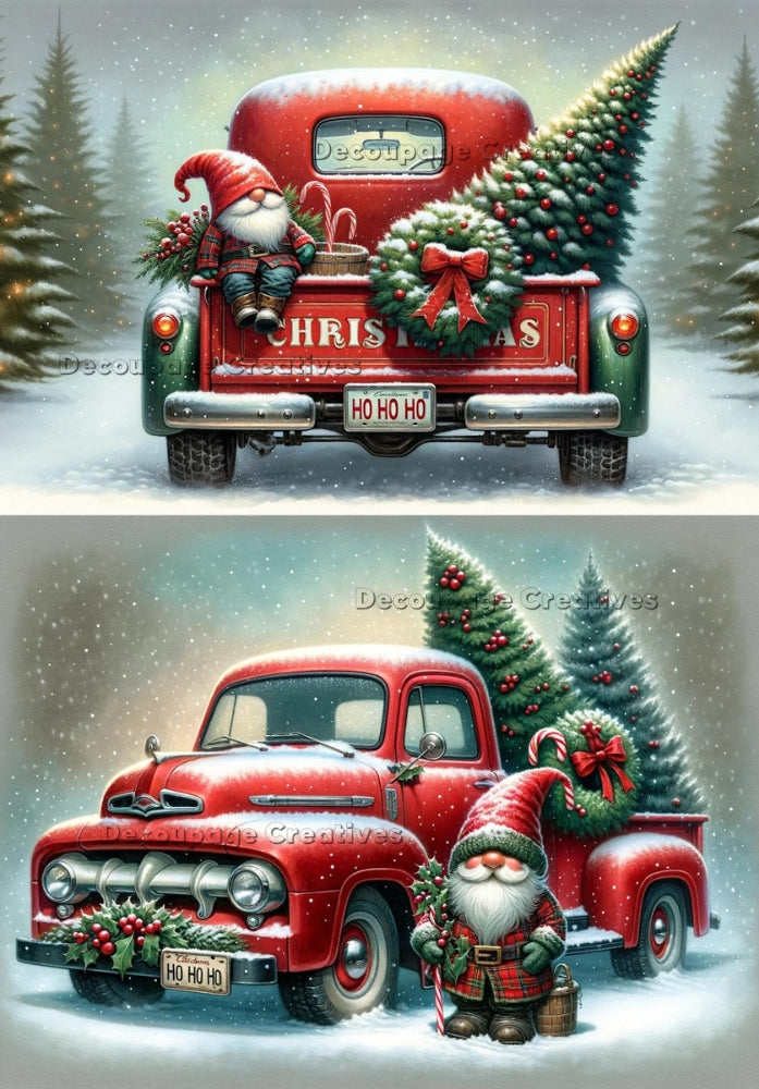 red truck with christmas gnome and tree Decoupage Creatives