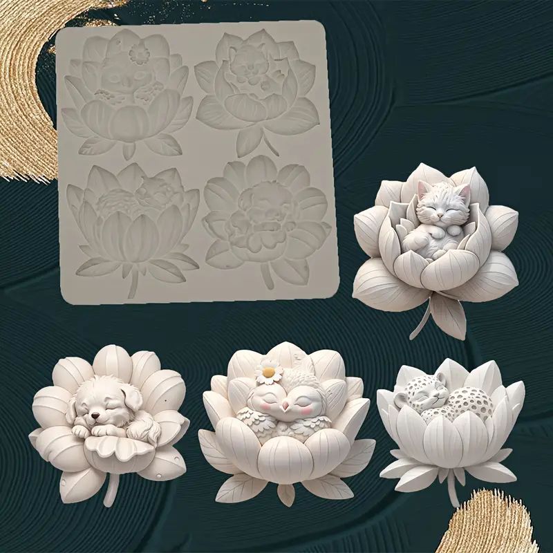 Silicone Craft Accent Mold. Lotus flowers with dog cat owl and leopard