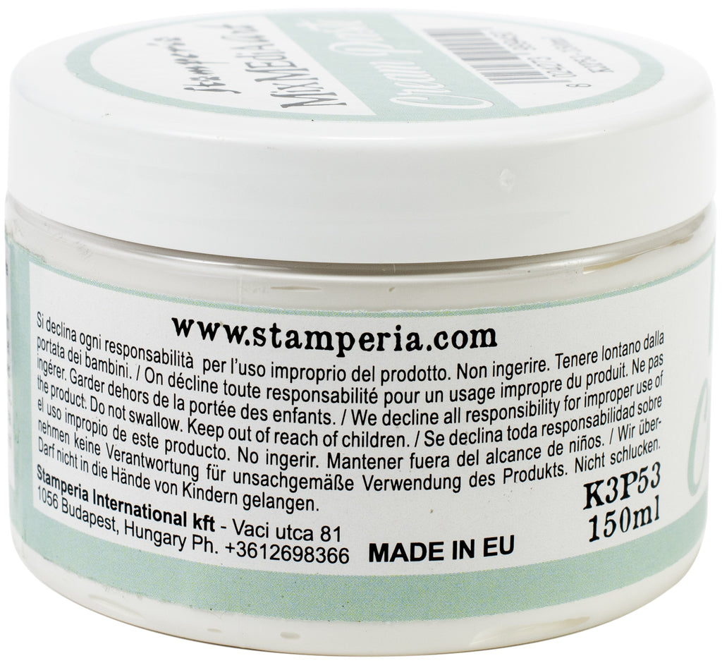 Stamperia Cream Paste for mixed media art. Image of 5 oz jar with teal and white lettering. Back side.