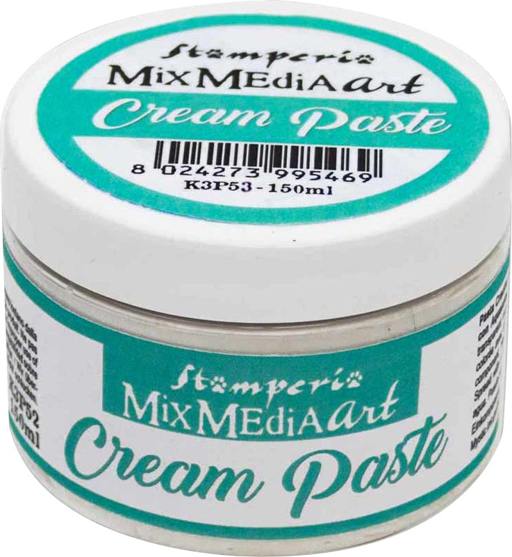 Stamperia Cream Paste for mixed media art. Image of 5 oz jar with teal and white lettering. Front side.