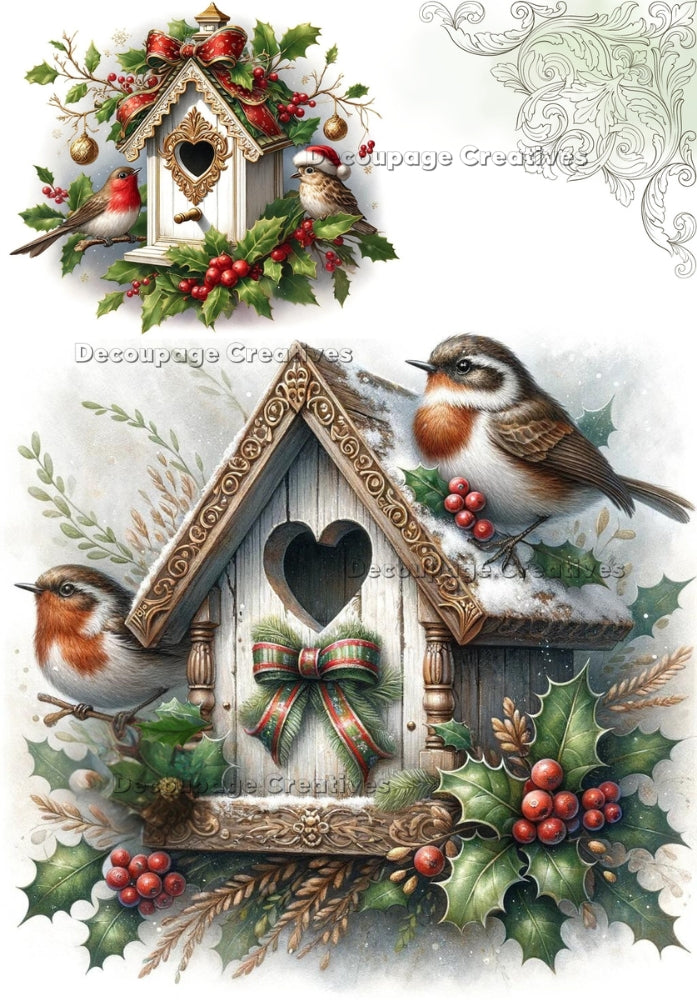 Christmas birds on house with heart Decoupage Creatives