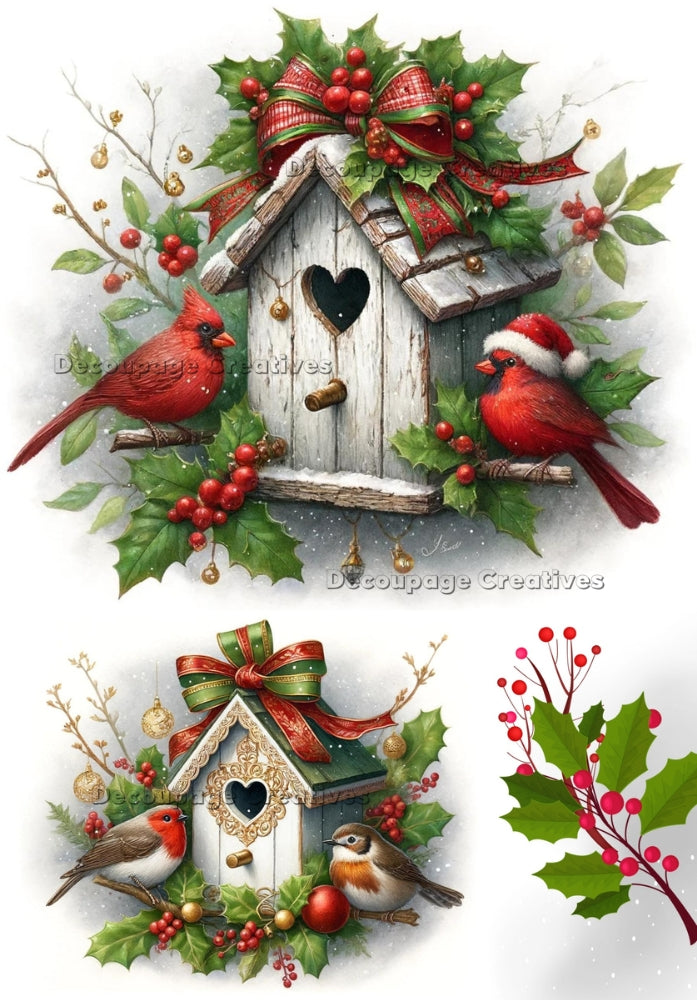 cardinals and chickadee love birds in christmas house Decoupage Creatives