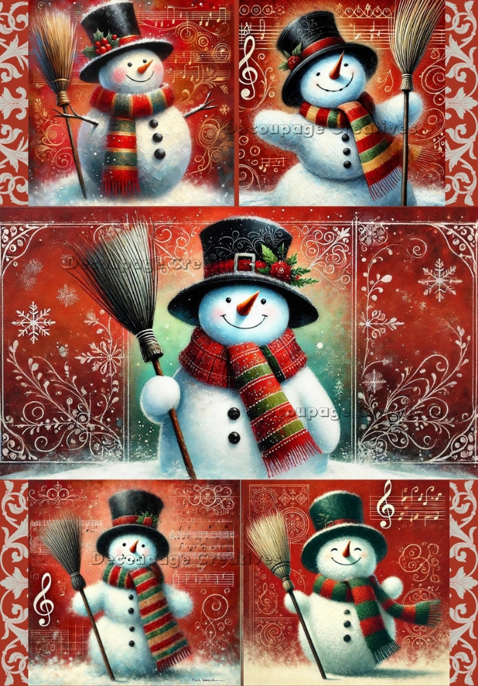 Frosty the snowman holding a broom on red background with music notation Decoupage Creatives