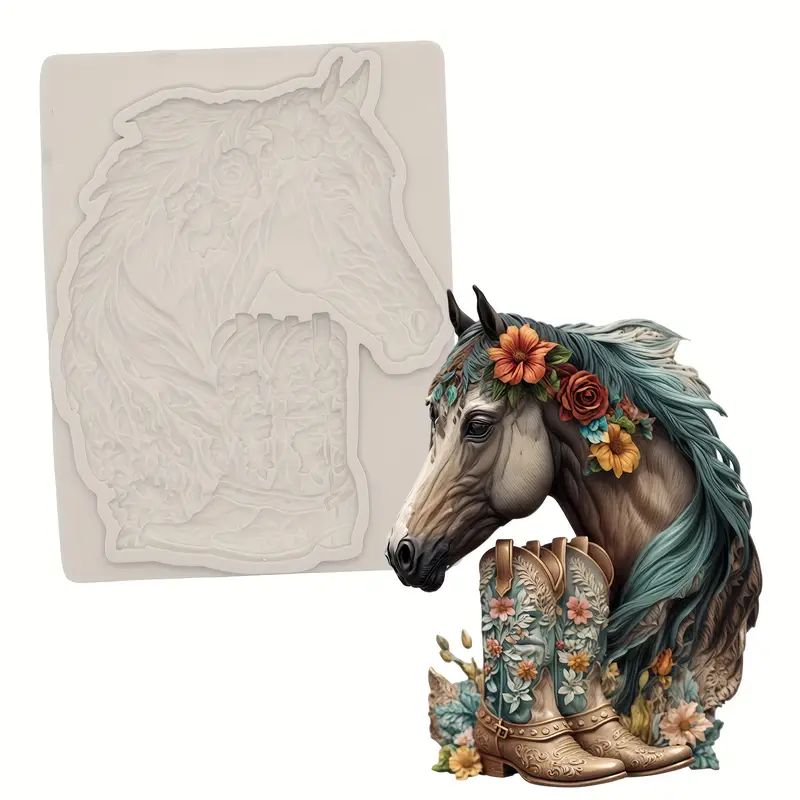 Silicone Craft Accent Mold. Horse with flowers in its mane and floral cowboy boots