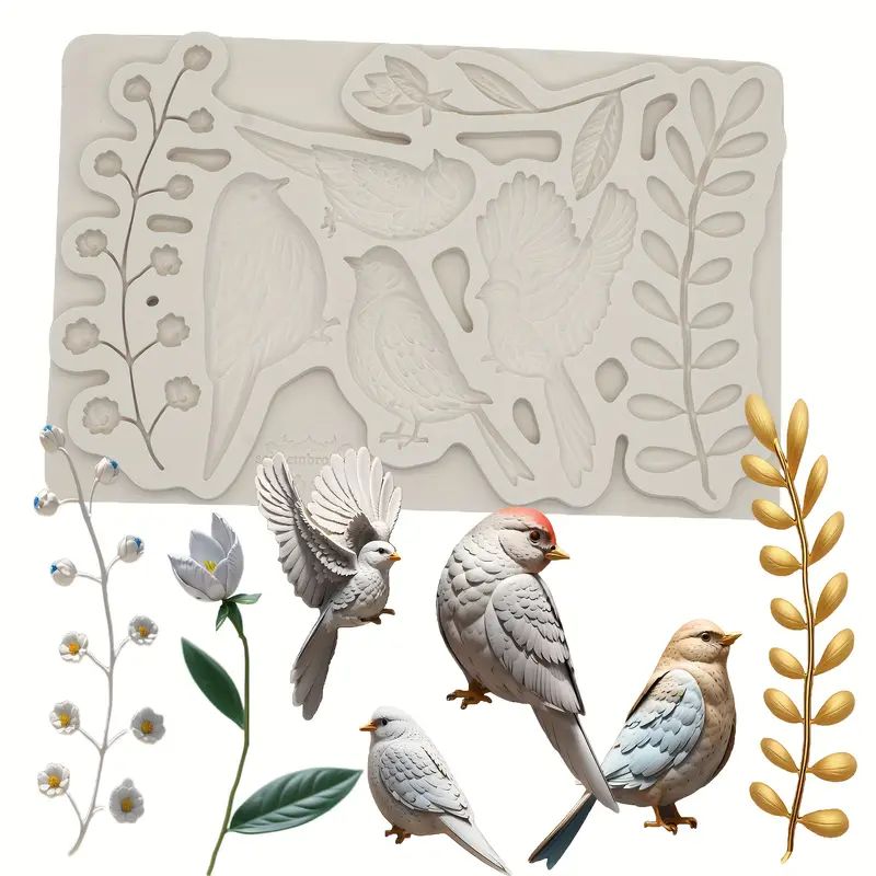 Silicone Craft Accent Mold. Birds with stems of flowers and leaves