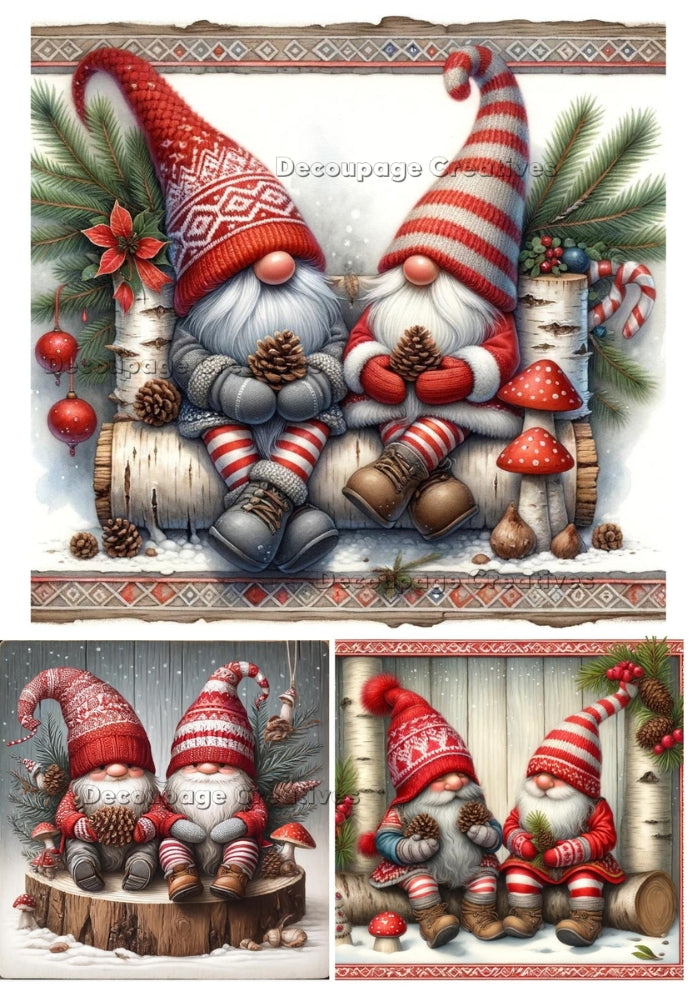 Christmas gnomes sitting on logs holding pine cones Decoupage Creatives