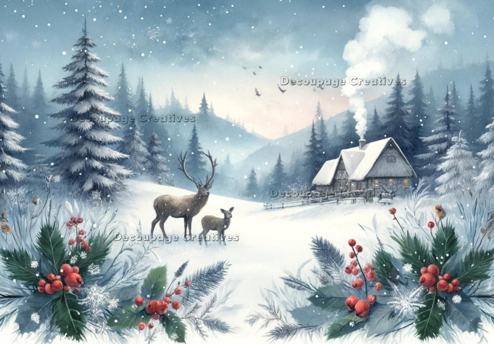 Deer in the snow outside of cabin in the snow Decoupage Creatives