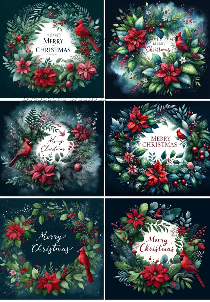 merry christmas wreaths with poinsettias and red cardinals Decoupage Creatives