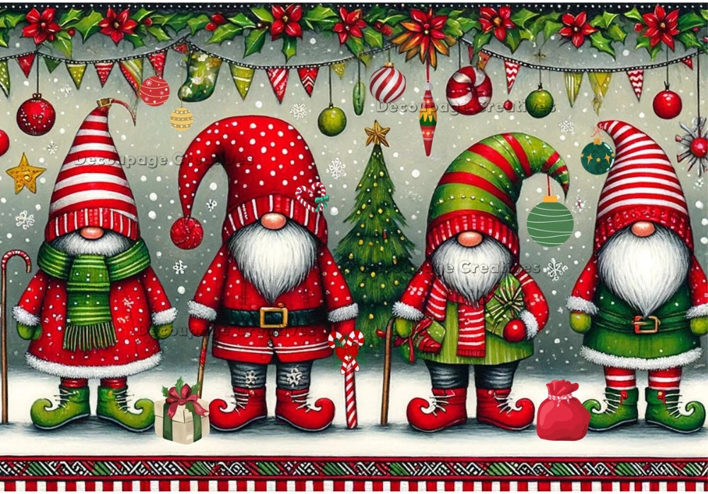 Christmas gnomes  standing under christmas decorations of green red and gold Decoupage Creatives