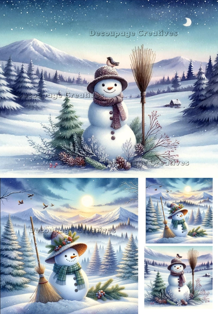 Vintage country snowman farmer in the snow Decoupage Creatives