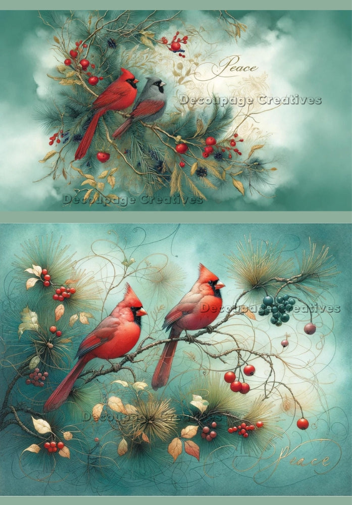 red cardinals on branches on blue background Decoupage Creatives