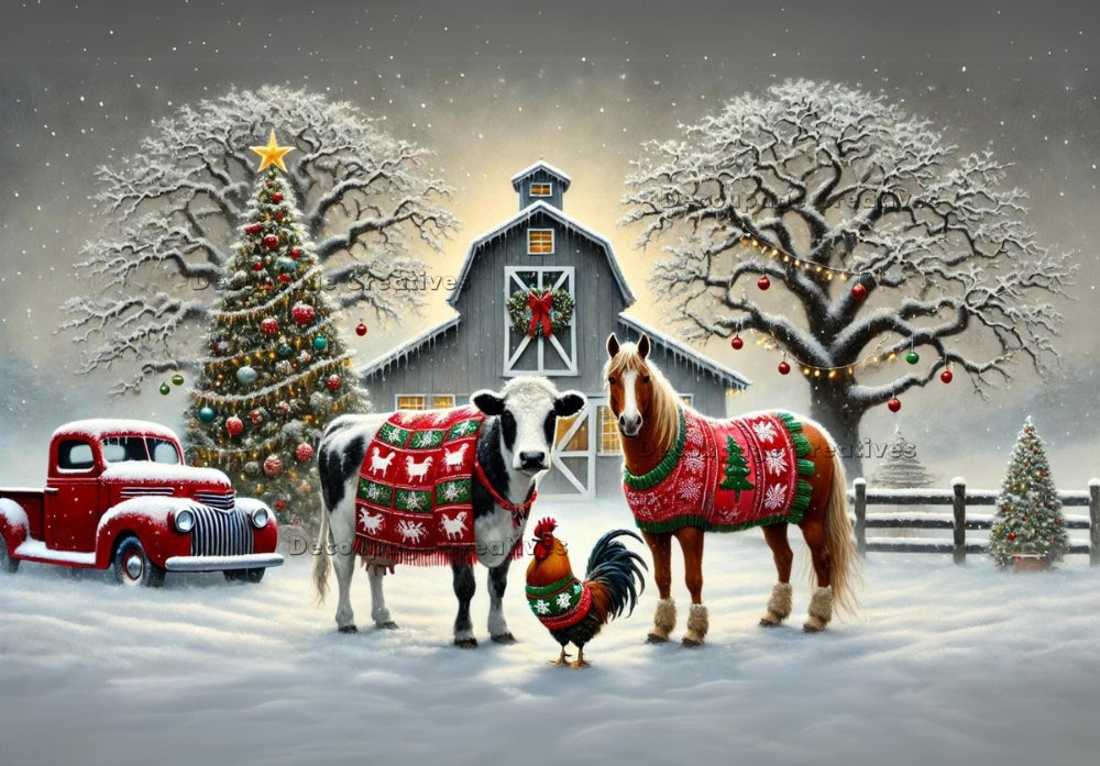 cow horse and rooster in snow wearing christmas sweaters with red truck and barn Decoupage Creatives