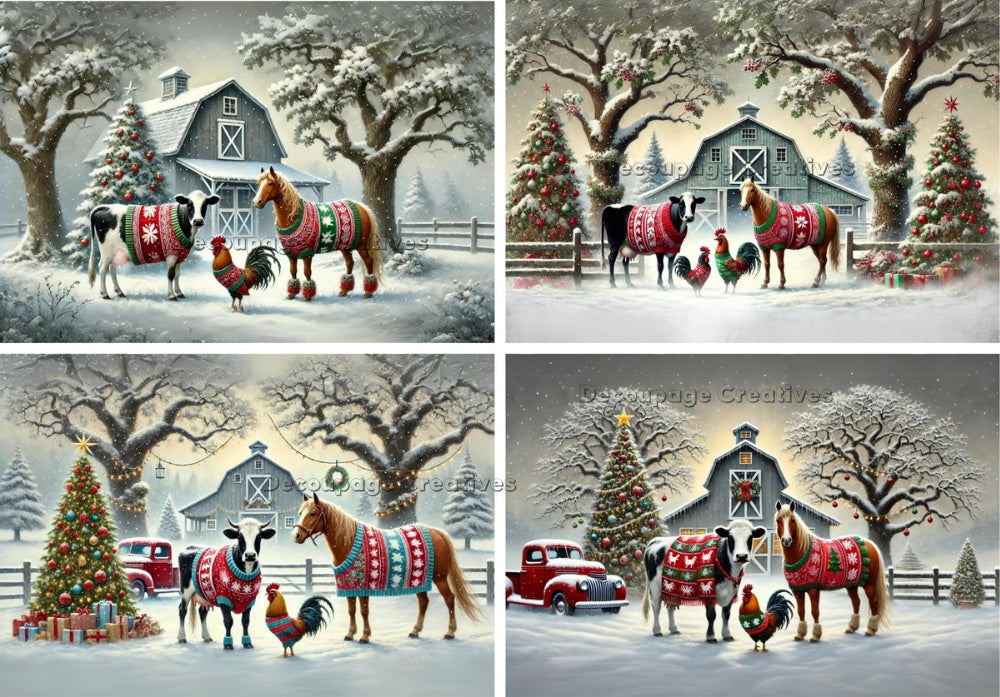 horse cow and rooster in the snow in front of a barn wearing christmas sweaters Decoupage Creatives