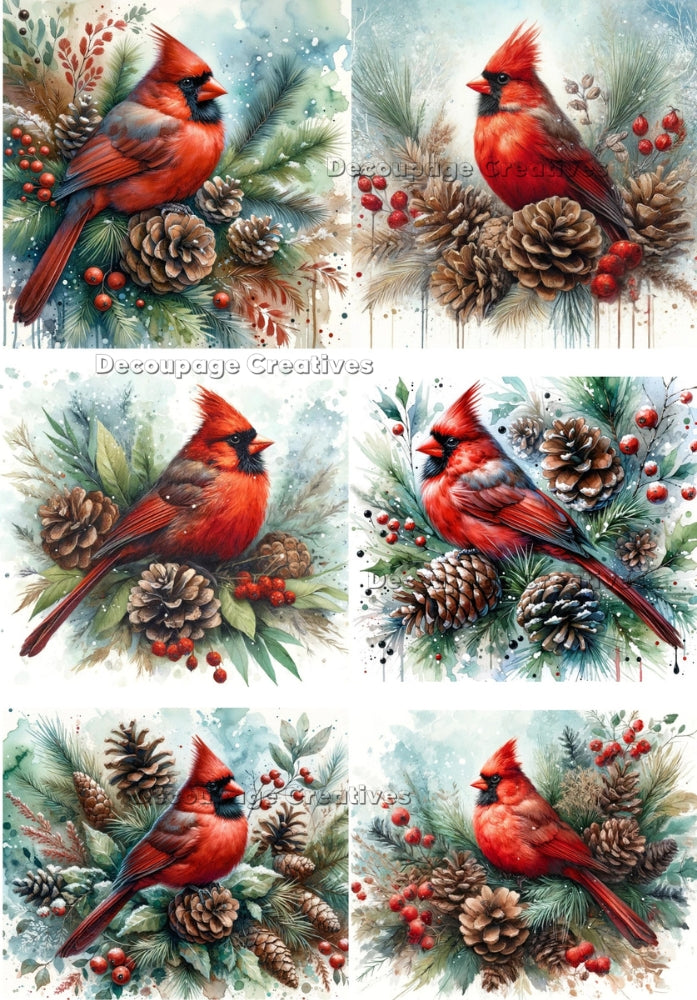 red cardinals on pine cone branches Decoupage Creatives