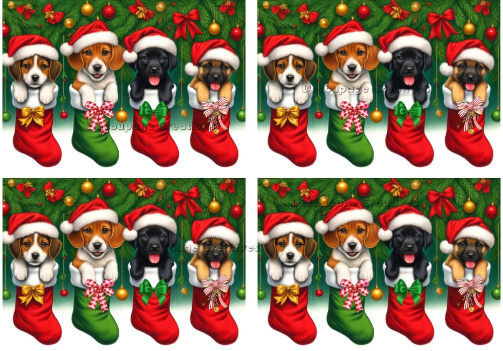 puppies hanging in christmas stockings Decoupage Creatives