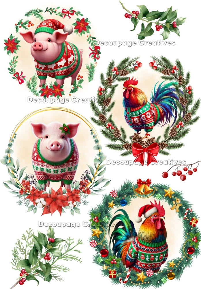 whimsical pigs and hens in christmas sweaters and wreaths