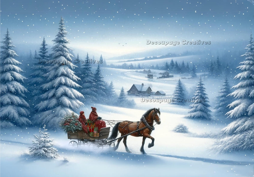 wooden carriage ride in the snow with christmas tree and brown horse Decoupage Rice Paper from Decoupage Creatives