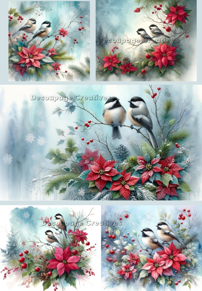 2 chickadees on poinsettial and holly branches Decoupage Rice Paper from Decoupage Creatives