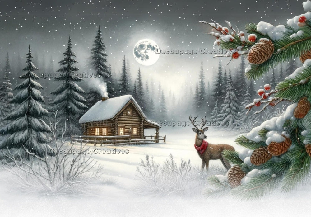 Wood cabin in the snow with deer Decoupage Rice Paper from Decoupage Creatives